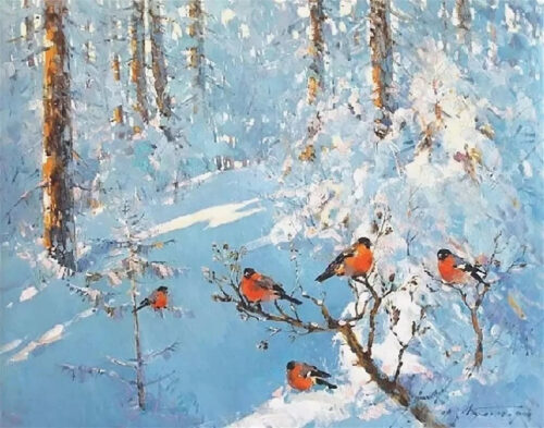 Февраль в снегу и снегири на ветках